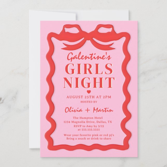 Invitación Pink Red Galentine's Girls Night Party Invitation (Anverso)