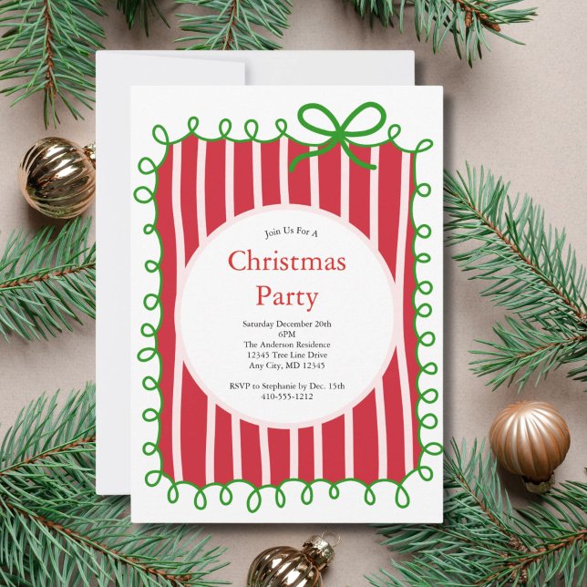 Invitación Pink Red Green Coquette Bow Doodle Christmas Party (Pink Red Green Doodle Coquette Bow Christmas Party Invitation  Printed or Digital)