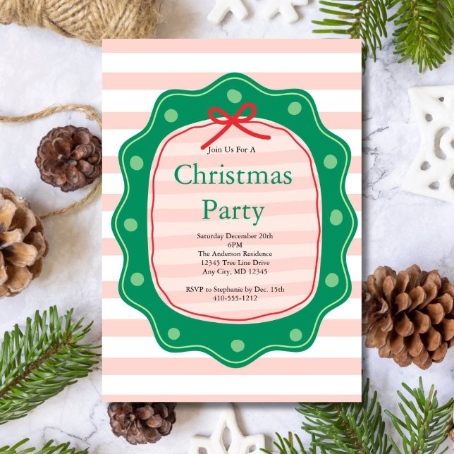 Invitación Pink Red Green Coquette Bow Stripe Christmas Party (Pink Stripe Red Green Coquette Bow Doodle Christmas Holiday Invitation, Printed or Digital)