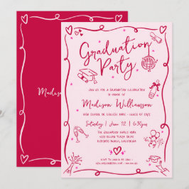 Invitación Pink Red Hand Drawn Doodles Graduation Retro Party