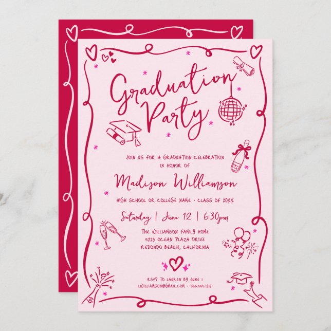 Invitación Pink Red Hand Drawn Doodles Graduation Retro Party (Anverso / Reverso)