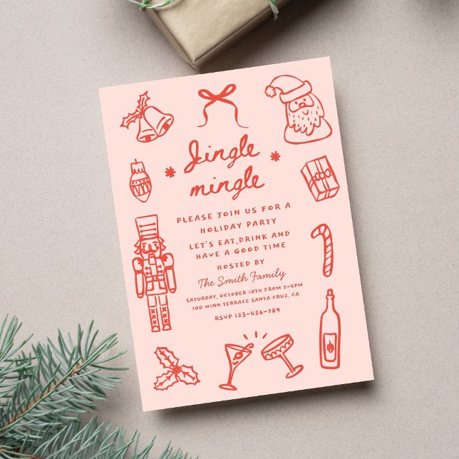 Invitación Pink Red Hand Drawn Funky Christmas Party (Subido por el creador)