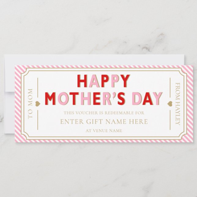 Invitación Pink Red Happy Mother's Day Gift Voucher Card (Anverso)