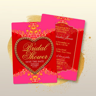 Invitación Pink Red Heart Gold Lace Girls Party Bridal Shower