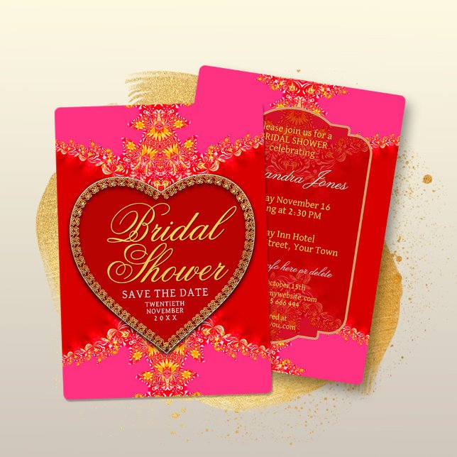 Invitación Pink Red Heart Gold Lace Girls Party Bridal Shower (Subido por el creador)