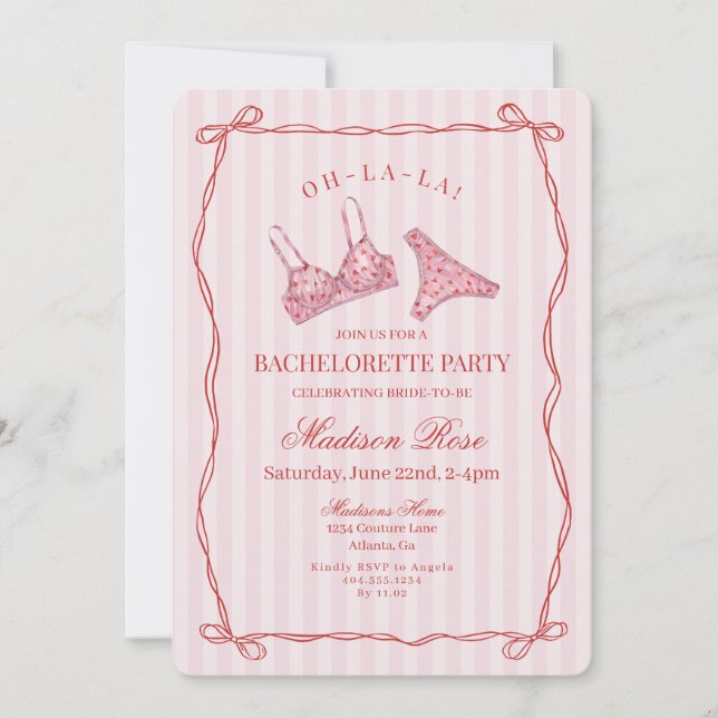 Invitación Pink & Red Heart Lingerie Bachelorette Party (Anverso)