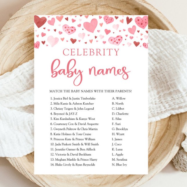 Invitación Pink Red Hearts Valentine Celebrity Baby Name Game (Watercolor Pink Red Hearts Valentine Little Sweetheart Girl Celebrity Baby Names Baby Shower Game)