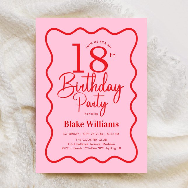 Invitación Pink Red Retro 18th Birthday Wavy Border (Subido por el creador)