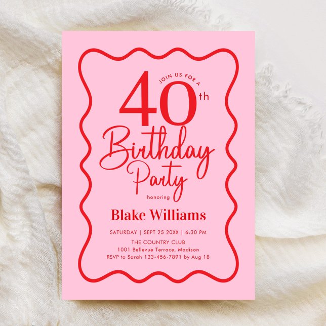 Invitación Pink Red Retro 40th Birthday Wavy Border (Subido por el creador)