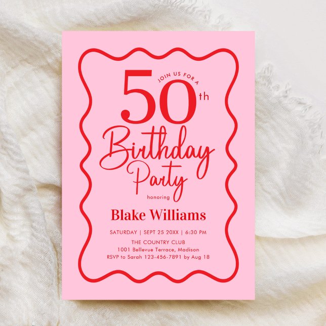 Invitación Pink Red Retro 50th Birthday Wavy Border (Subido por el creador)