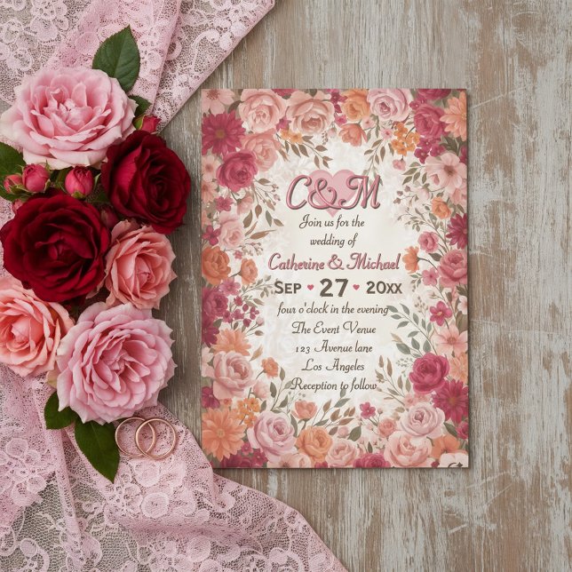 Invitación Pink & Red Romantic Rose Spring Floral Wedding (Subido por el creador)