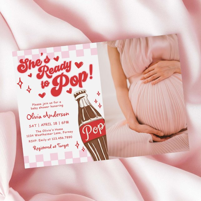 Invitación Pink Red She's Ready to Pop Baby Shower Photo (Subido por el creador)
