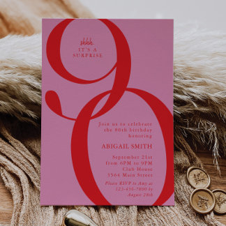Invitación Pink Red Shh It's a Surprise 90th Birthday Party