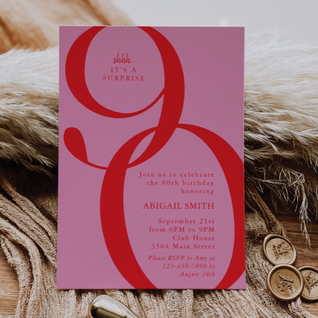 Invitación Pink Red Shh It's a Surprise 90th Birthday Party (Subido por el creador)