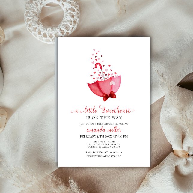 Invitación Pink Red Slove Umbrella Valentine Baby Shower (Pink Red Sweetheart Umbrella Valentine Baby Shower Invitation)