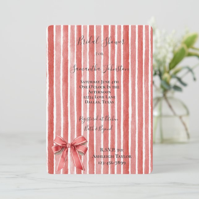Invitación Pink Red Stripes Bow Bridal Shower (Anverso de pie)