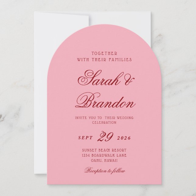 Invitación Pink Red Valentines Minimalist Script Wedding (Anverso)