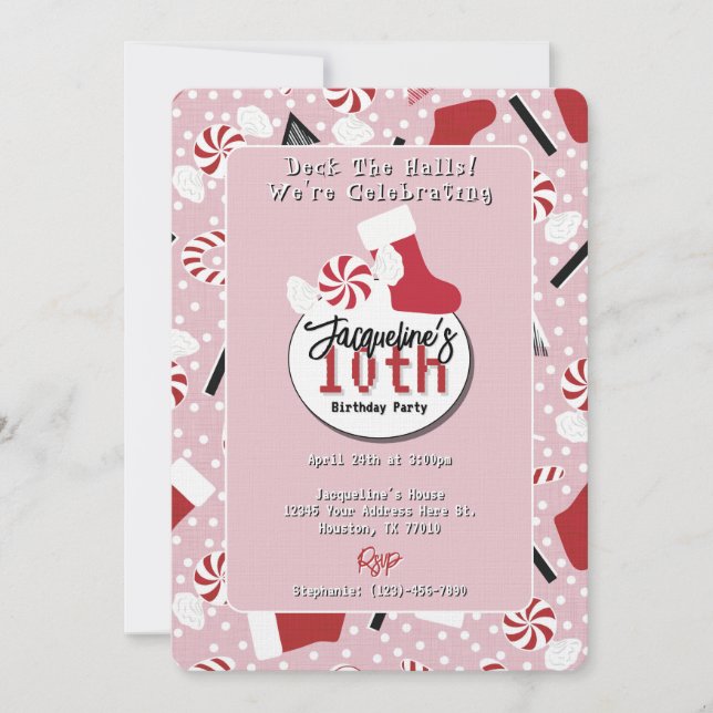 Invitación Pink Retro Christmas Peppermint Birthday (Anverso)