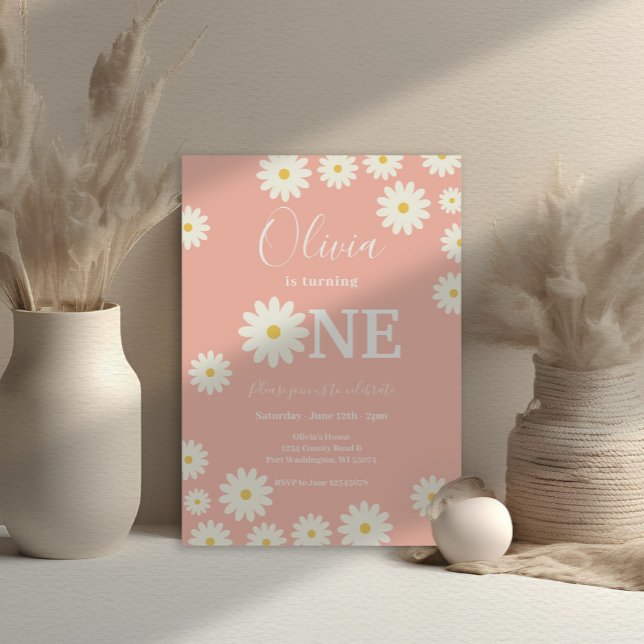Invitación Pink Retro Daisy Floral Primer Fiesta de cumpleaño (Subido por el creador)