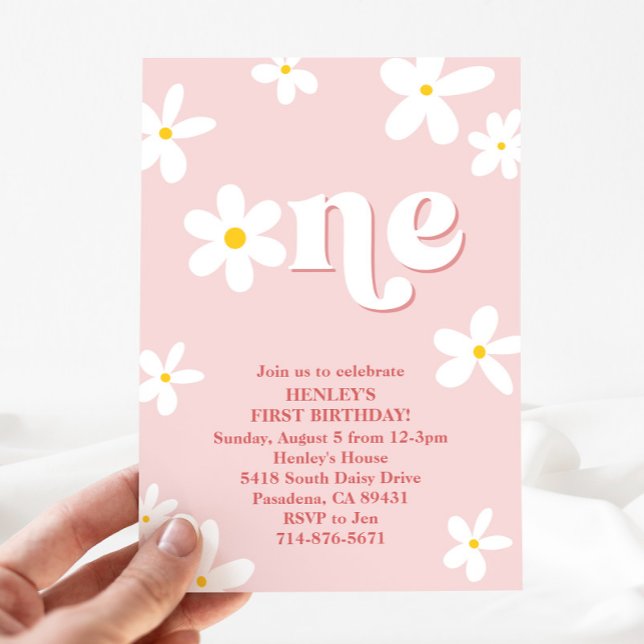 Invitación Pink Retro Daisy Un primer Chica de cumpleaños (Subido por el creador)