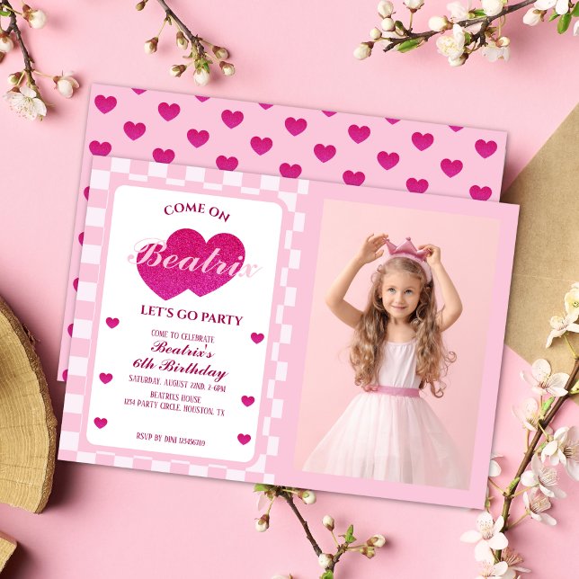 Invitación Pink Retro Doll Photo Birday (Pink Retro Doll Birthday Invitation)