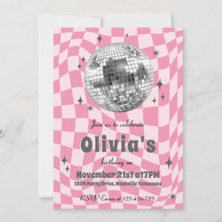 Invitación Pink Retro Groovy Coquette Disco Ball Birthday