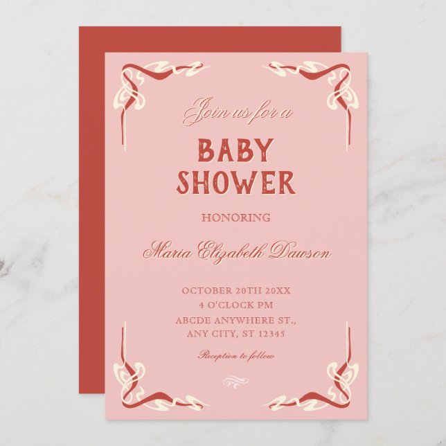 Invitación Pink retro vintage baby shower (Anverso / Reverso)