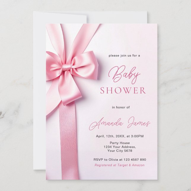 Invitación Pink Ribbon Bow Baby Shower (Anverso)