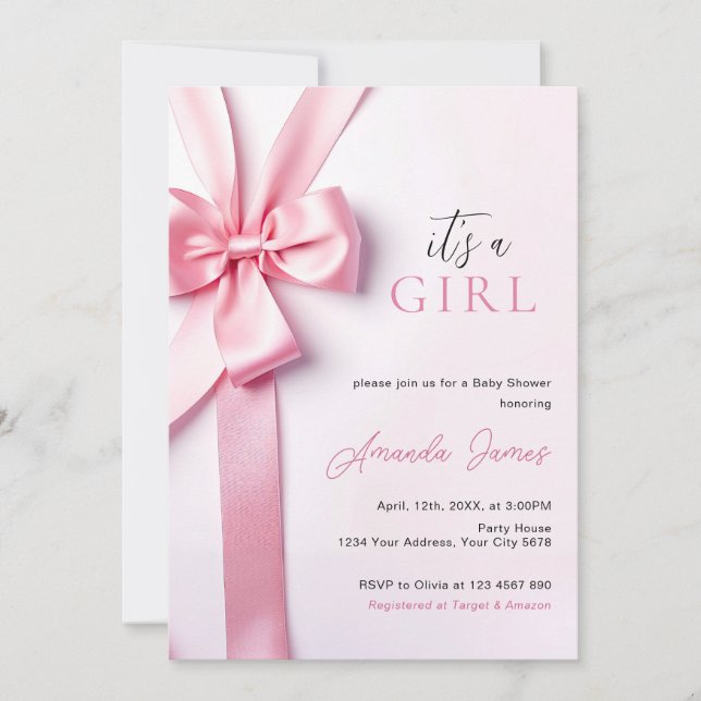 Invitación Pink Ribbon Bow Baby Shower It's a Girl (Anverso)