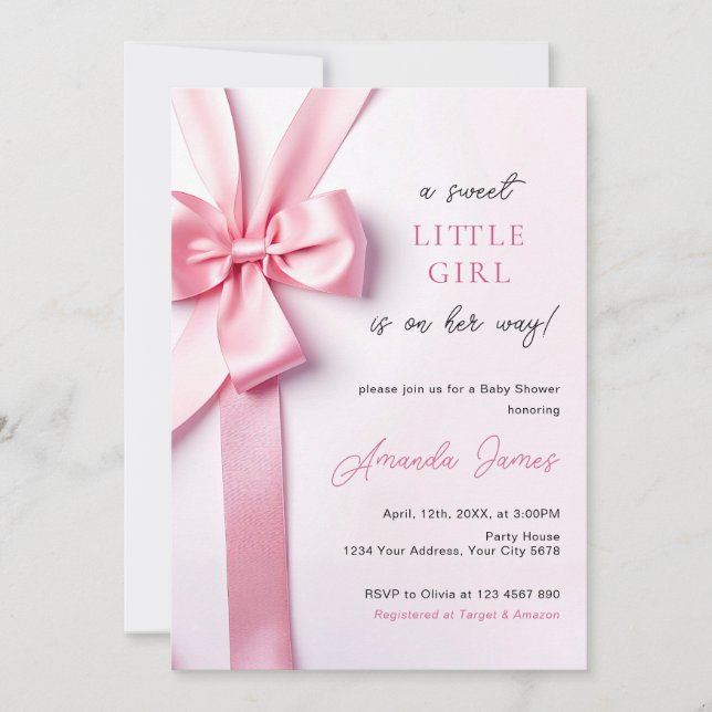 Invitación Pink Ribbon Bow Baby Shower Sweet Little Girl (Anverso)