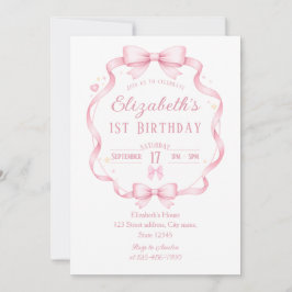 Invitación Pink Ribbon Bow Coquette First Birthday Invitation