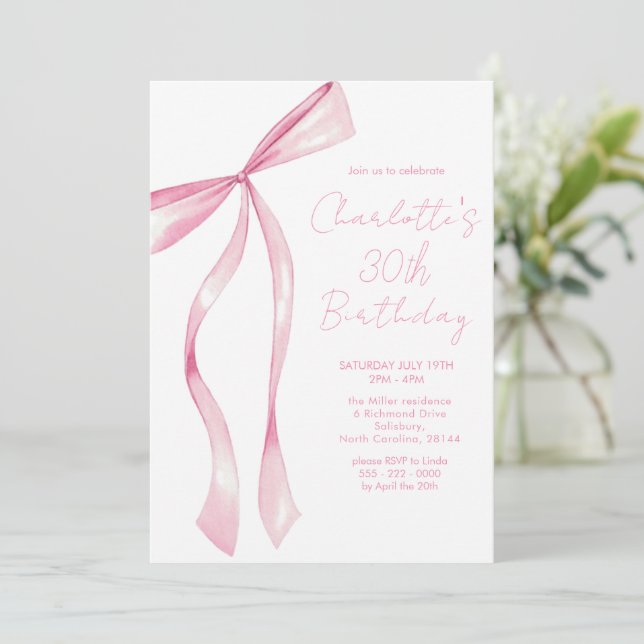Invitación Pink Ribbon Elegant 30th Birthday Invitation (Anverso de pie)