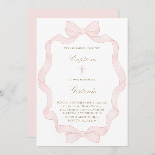 Invitación  pink ribbon frame Baptism Invitation (Anverso / Reverso)