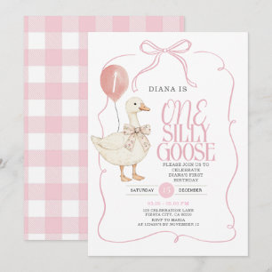 Invitación PINK Ribbon Gingham One Silly Goose Birday