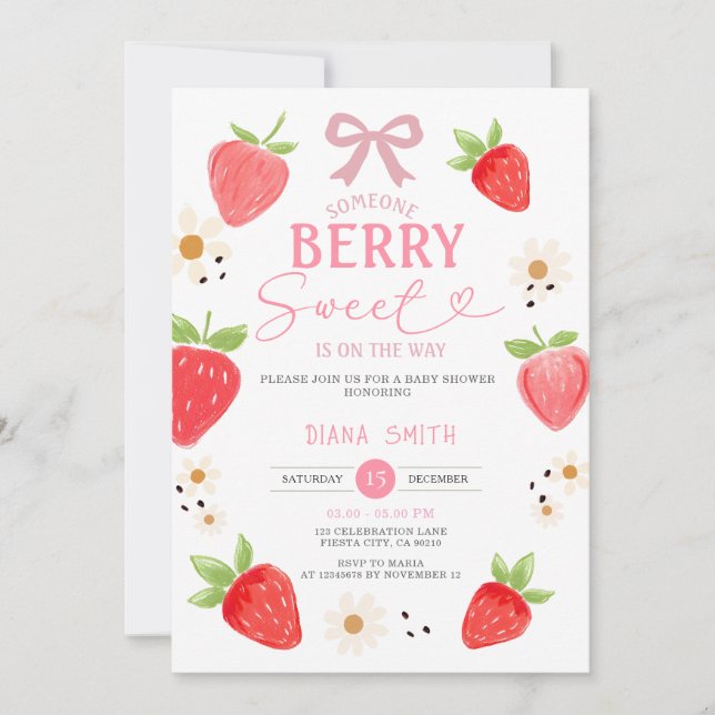 Invitación PINK Ribbon Gingham Strawberry Baby Shower (Anverso)