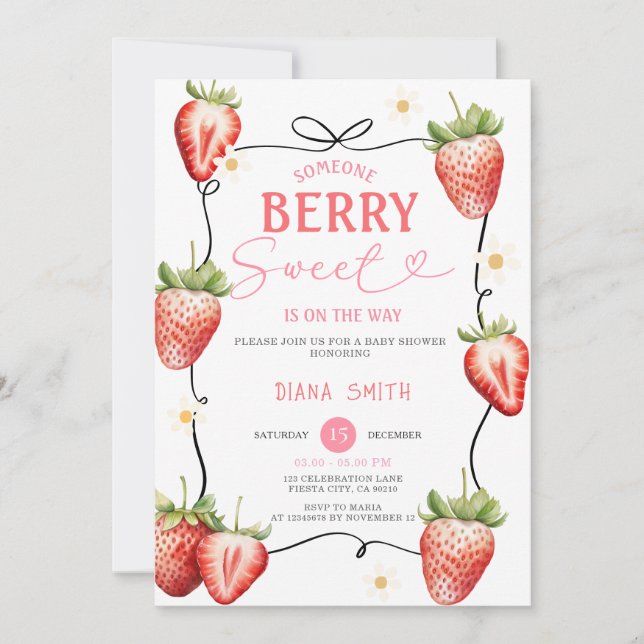 Invitación Pink Ribbon Strawberry Sweet Baby Shower (Anverso)