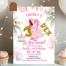 Invitación Pink Roaring Dinosaur 3-rex birthday Invitation