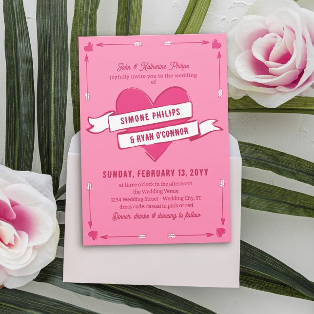 Invitación Pink Romantic Heart Arrows & Ribbon Casual Wedding (Subido por el creador)