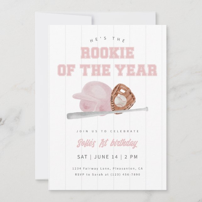 Invitación Pink Rookie of the Year Baseball First Birthday (Anverso)