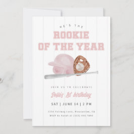 Invitación Pink Rookie of the Year Baseball First Birthday
