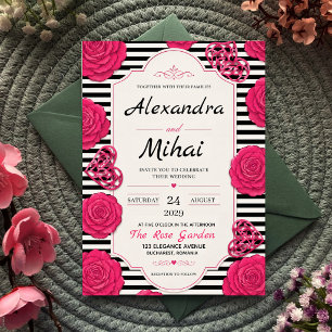 Invitación Pink Rose Black and White Stripe Floral