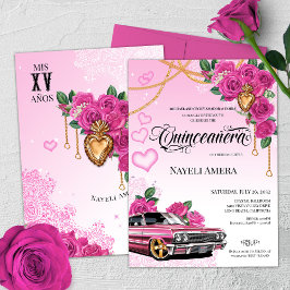 Invitación Pink Rose Corazon de Milagros Lowrider Quinceanera