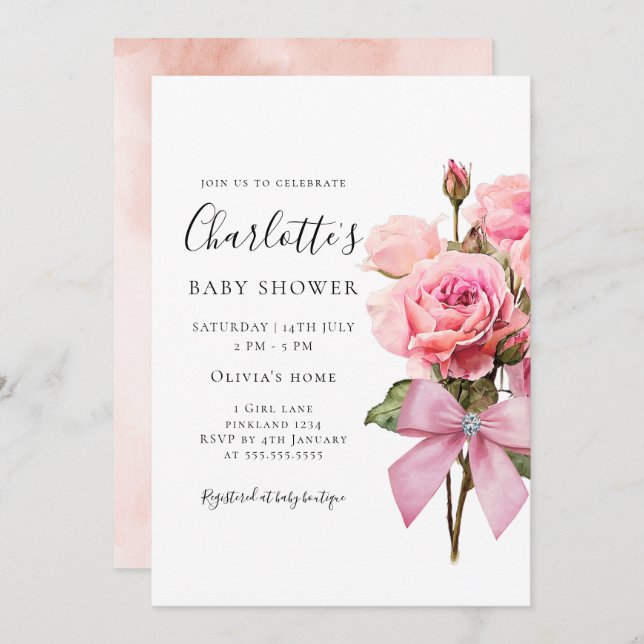 Invitación Pink Rose Diamond Bow Girl Baby Shower Invitation (Anverso / Reverso)