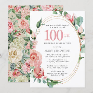 Invitación Pink Rose Floral 100th Birthday Party