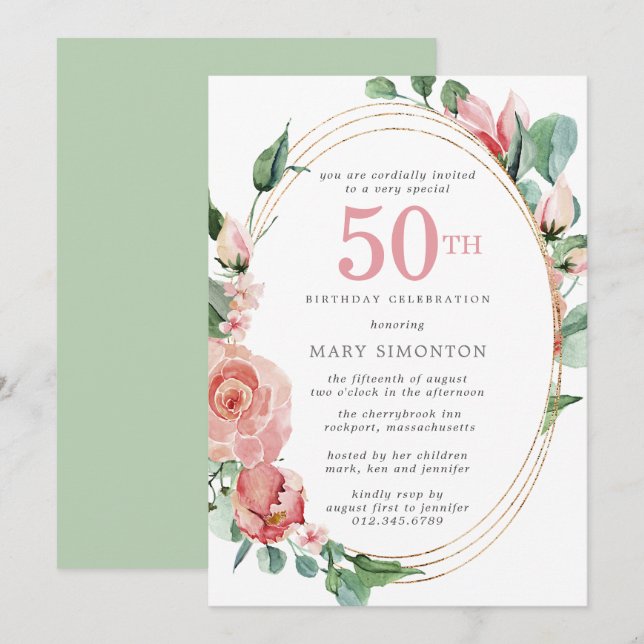 Invitación Pink Rose Floral 50 cumpleaños (Anverso / Reverso)