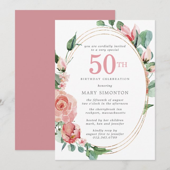 Invitación Pink Rose Floral 50th Birthday Party Invitation (Anverso / Reverso)