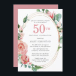 Invitación Pink Rose Floral 50th Birthday Party Invitation<br><div class="desc">Un suave rojo pastel casi rosa crea un bonito diseño floral en esta elegante invitación de 50 años. Las rosas rojas están escondidas en hojas verdes profundas. Los rosas y las hojas decoran un marco dorado de varias cadenas de moda. 50 está escrito en un gran texto rojo. El resto...</div>