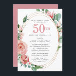 Invitación Pink Rose Floral 50th Birthday Party Invitation<br><div class="desc">Un suave rojo pastel casi rosa crea un bonito diseño floral en esta elegante invitación de 50 años. Las rosas rojas están escondidas en hojas verdes profundas. Los rosas y las hojas decoran un marco dorado de varias cadenas de moda. 50 está escrito en un gran texto rojo. El resto...</div>
