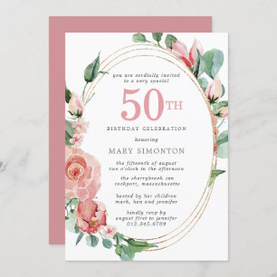 Invitación Pink Rose Floral 50th Birthday Party Invitation