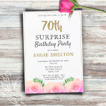 Invitación Pink Rose Floral 70th Surprise Birthday Party<br><div class="desc">Invitación a la fiesta de cumpleaños 70th Surprise de Pink Rose Floral. ¡Ven a celebrar el 70 cumpleaños de una mujer especial! ¡Únete a nosotros para honrarla con un fiesta sorpresa! El tema de este evento son las rosas rosas rosas y las hojas tropicales verdes - una hermosa combinación que...</div>